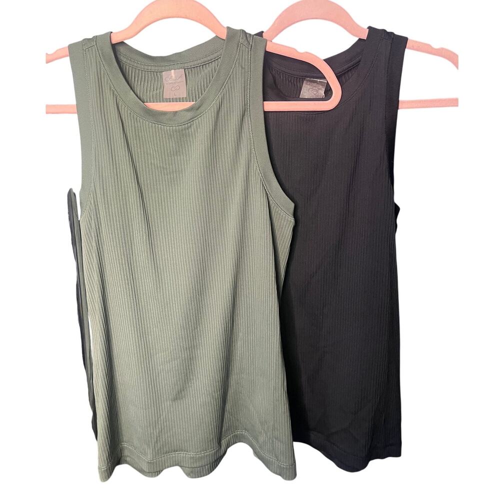 Ribbed Scoop Neck Tank Top - Olive Green & Black